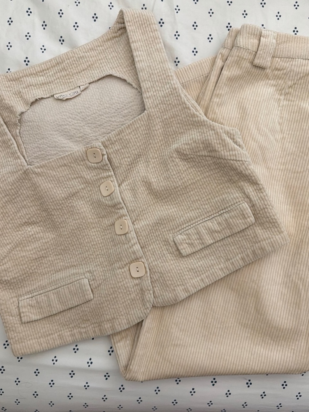 VRG GRL Corduroy Crop Vest & High-Rise Pants Set - Beige